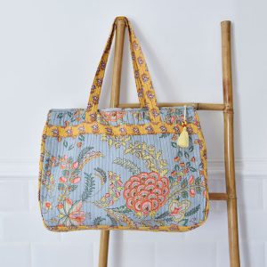 Quilted Tote Bag With Zip-Grey, Coral and Mustard