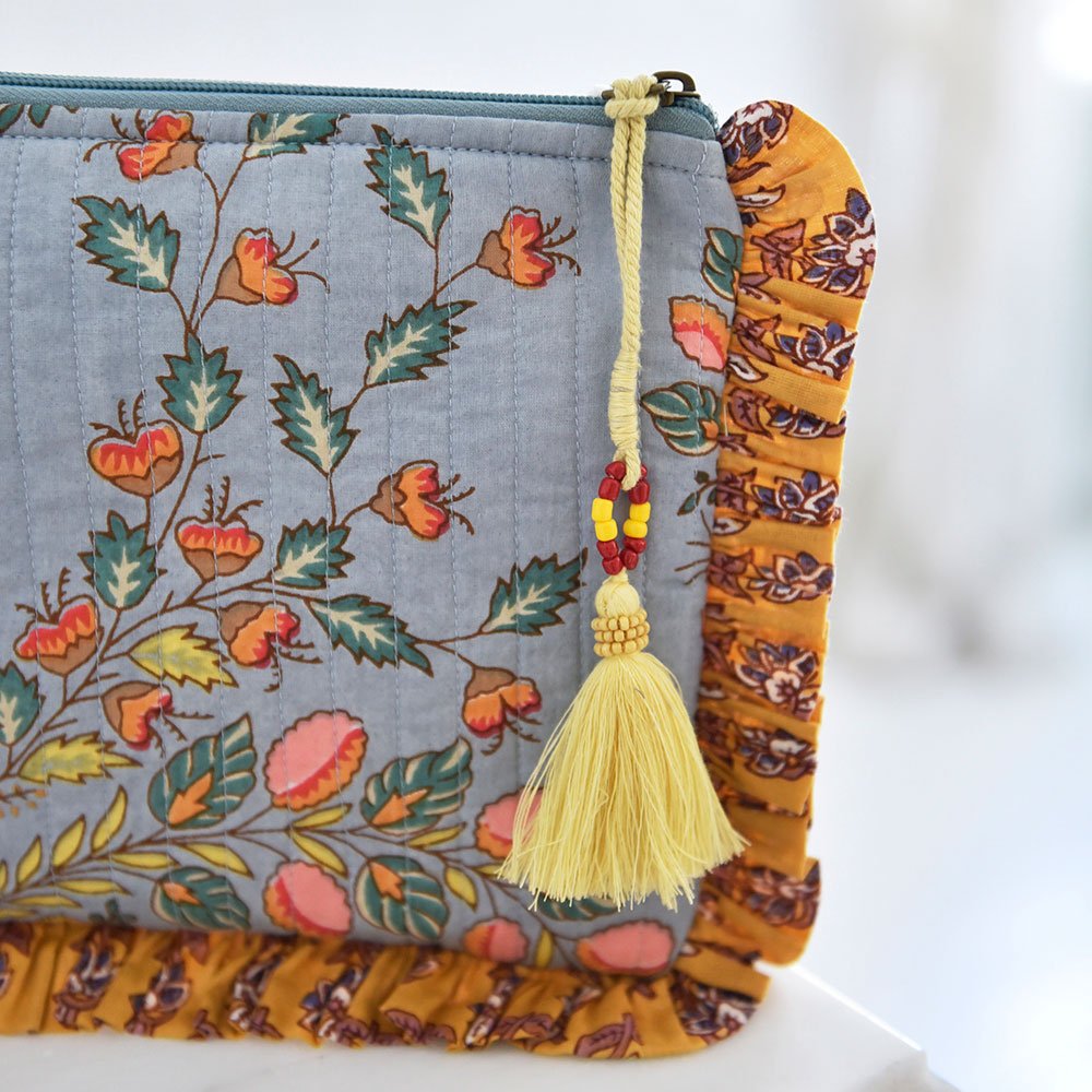 Mustard Ruffle Trim Grey & Coral Quilted Wash Bag With Mustard Ruffle Trim – Your Hospital Bag