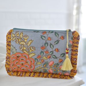 Grey & Coral Quilted Wash Bag With Mustard Ruffle Trim