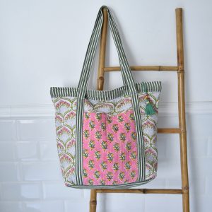 Green Ogee & Pink Block Print Quilted Tote Bag